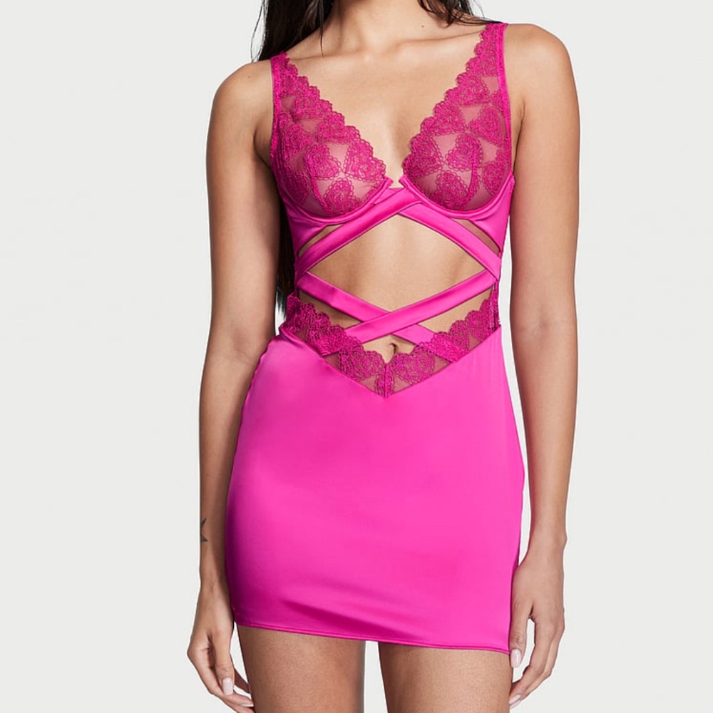 NWT Victoria's Secret Heart Satin Slip Dress in Hot Pink Size Small